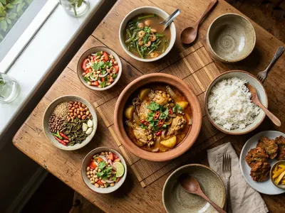 Chicken curry in a clay pot with rice and small side dishes