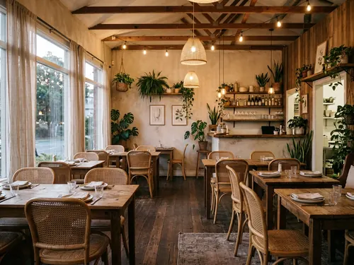 The dining room, with wooden tables, rattan chairs and plants