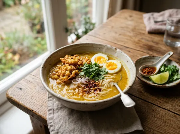 A bowl of mohinga with crispy fritters, boiled egg and cilantro, with lime and chili on the side