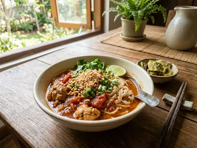 A bowl of Shan noodles with chicken, tomato and crushed peanuts