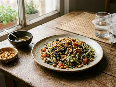 Tea leaf salad with fried beans, peanuts and tomato